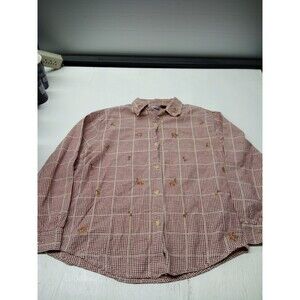 Premier International Ladies Size L Plaid Shirt Button up Red With Floral Top